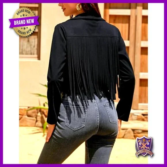 Faux Suede Fringe Jacket Cropped Western Motorcycle Style with Rivets